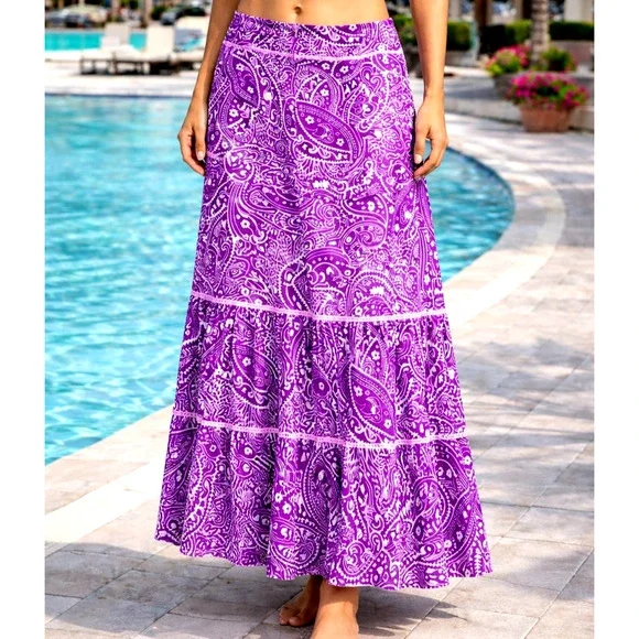 Boho Purple Pasiley Maxi Cover Skirt Womens Small Tiered Flowy Beachwear New - Picture 1 of 13